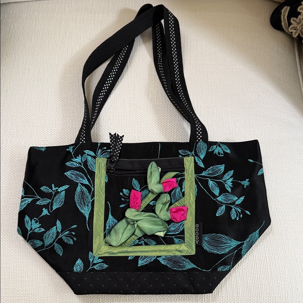 Goody Elegant Small Black Tote with Green and Pink Floral Design